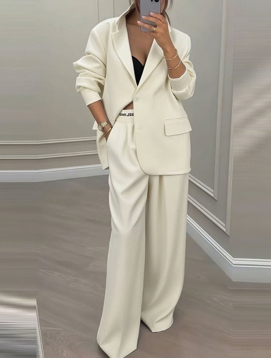 Damen Oversize-Blazer mit Kontrastbesatz und High‑Waist Palazzo‑Hose Zweiteiler Nord Taschen
