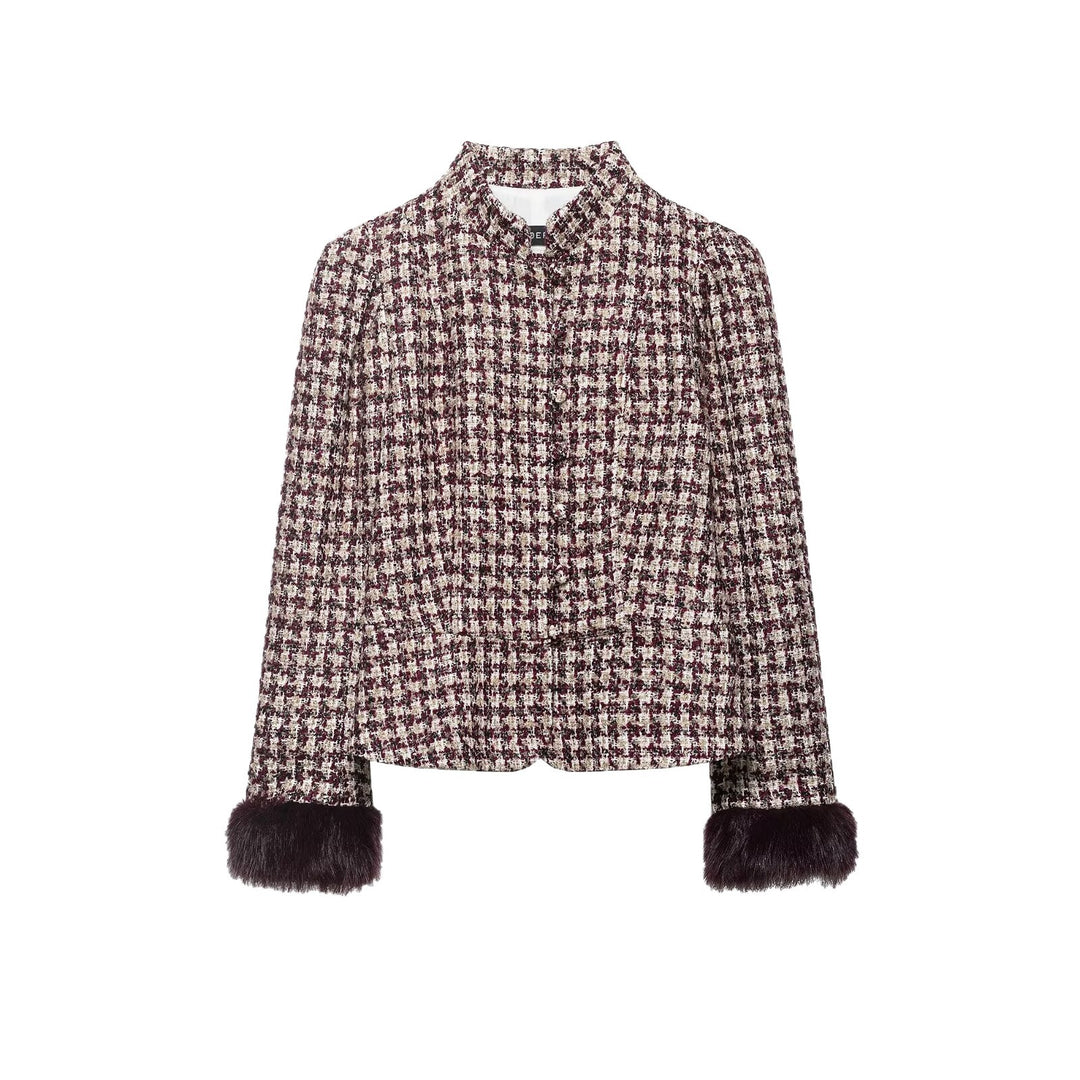 Damen Kurz geschnittene Bouclé‑Tweedjacke mit Stehkragen und Kunstfellmanschetten Nord Taschen