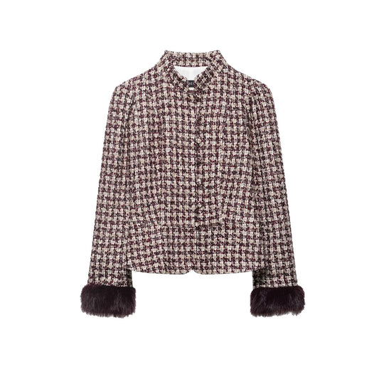 Damen Kurz geschnittene Bouclé‑Tweedjacke mit Stehkragen und Kunstfellmanschetten Nord Taschen