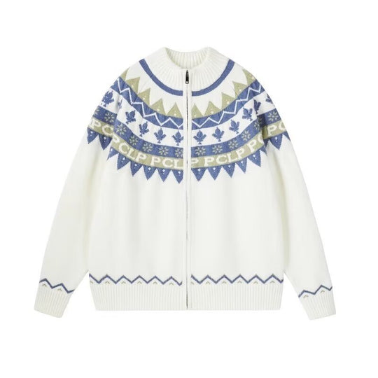 Damen Lässige Strick-Zipjacke mit Jacquard-Yoke und Rippbündchen Nord Taschen