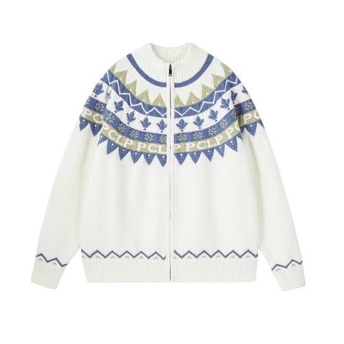 Damen Lässige Strick-Zipjacke mit Jacquard-Yoke und Rippbündchen Nord Taschen