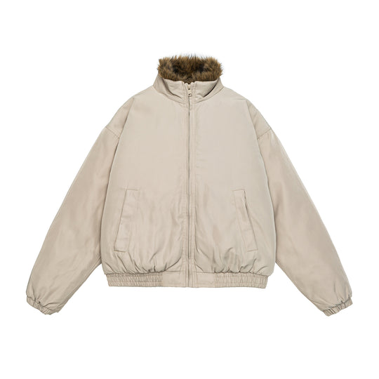 Damen Oversize wattierte Bomberjacke mit elastischem Saum und Kunstfellbesatz Nord Taschen