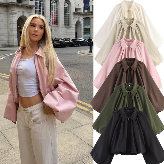 Damen Kurzcape mit Volumenärmeln, Reißverschluss und gerafftem Saum Nord Taschen