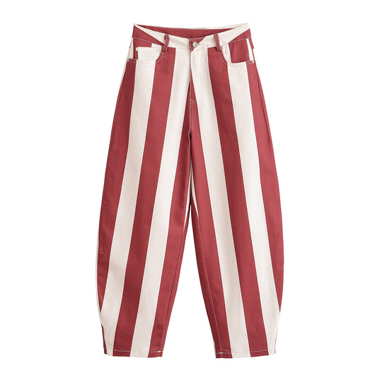 Damen Weite High-Waist Stoffhose mit breiten Längsstreifen und klassischer Taschenaufteilung Nord Taschen