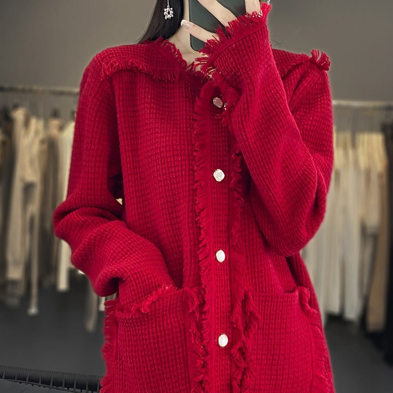 Damen Strickcardigan mit Fransenblende, Perlmuttknopfleiste und aufgesetzten Taschen Nord Taschen