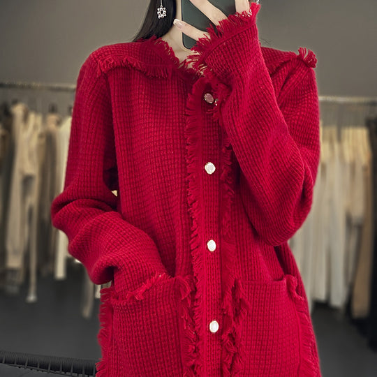 Damen Strickcardigan mit Fransenblende, Perlmuttknopfleiste und aufgesetzten Taschen Nord Taschen