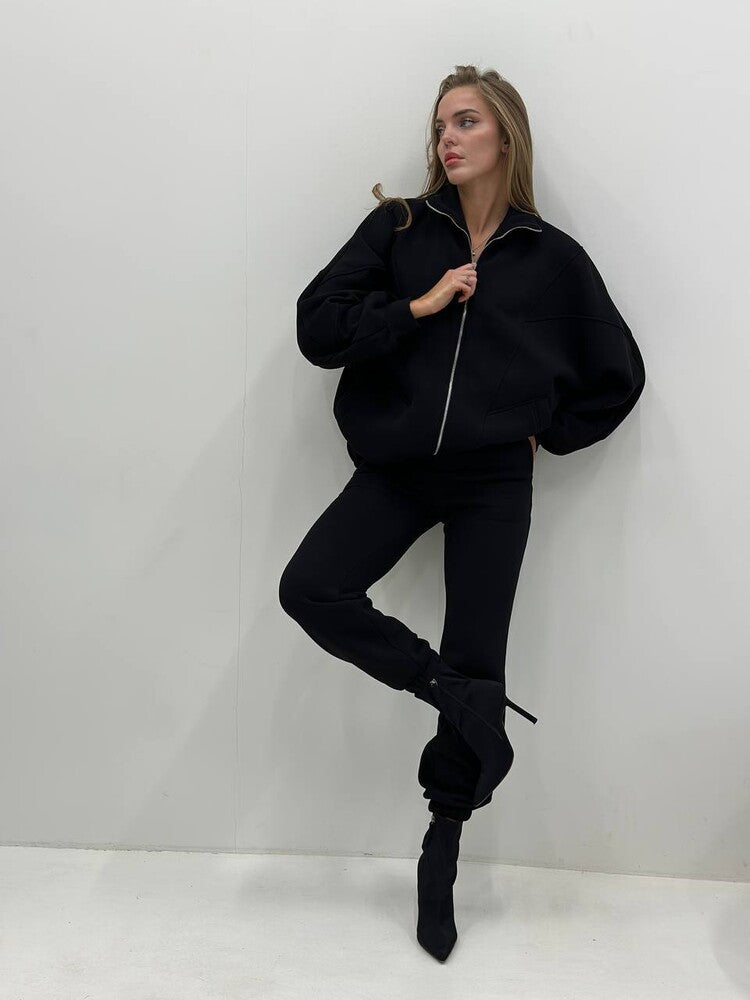 Damen Oversize-Halbzip-Sweatjacke mit sculptender High-Waist-Jogginghose aus schwerem French-Terry Nord Taschen