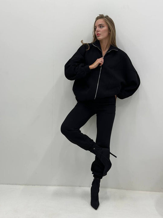 Damen Oversize-Halbzip-Sweatjacke mit sculptender High-Waist-Jogginghose aus schwerem French-Terry Nord Taschen