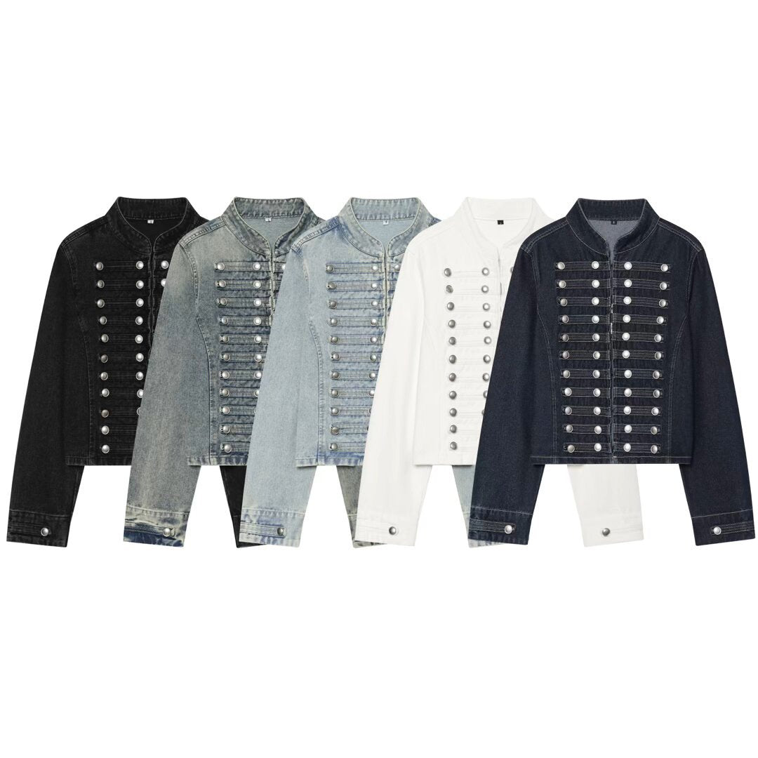 Damen Cropped Denim‑Blouson im Frackstil mit dekorativen Reihenknöpfen Nord Taschen