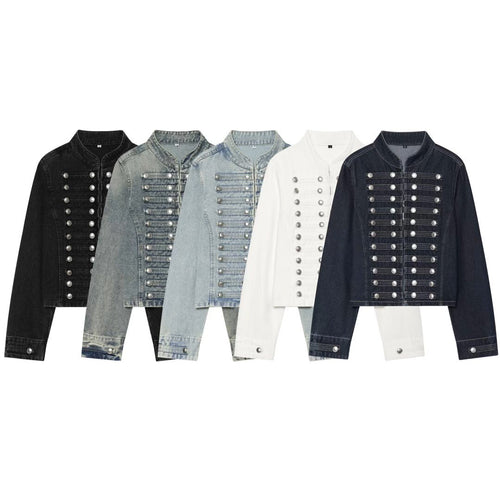 Damen Cropped Denim‑Blouson im Frackstil mit dekorativen Reihenknöpfen Nord Taschen