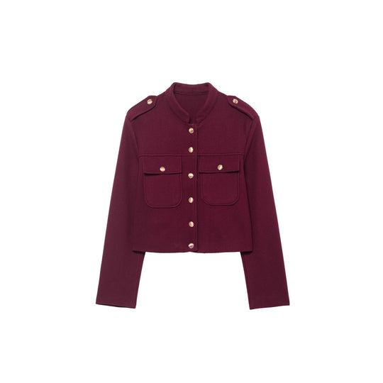 Damen Kurz geschnittene Militärinspirierte Wolljacke mit Stehkragen, Schulterklappen und goldknopf-Details Nord Taschen