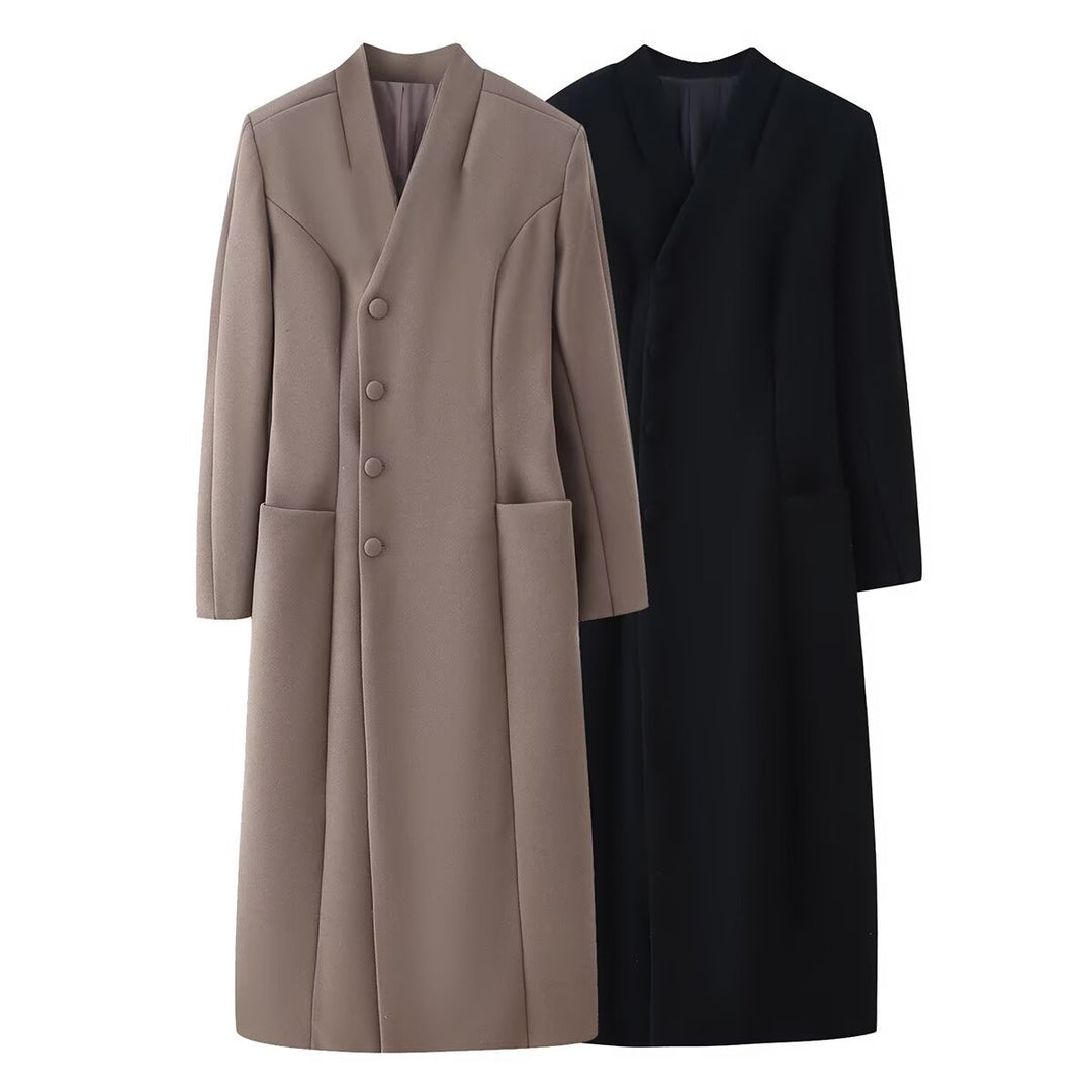 Damen Eleganter langer Wollmix-Mantel mit Schalkragen und aufgesetzten Taschen Nord Taschen
