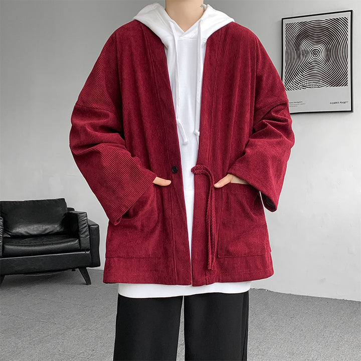 Herren oversized Cord-Kimono-Cardigan mit Kordelzug, aufgesetzten Taschen und Tropfenärmeln Nord Taschen