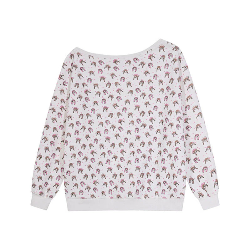 Damen Sweatshirt mit Allover-Cartoonprint, weitem Rundhalsausschnitt und Herz-Patch Nord Taschen