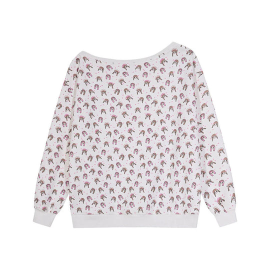 Damen Sweatshirt mit Allover-Cartoonprint, weitem Rundhalsausschnitt und Herz-Patch Nord Taschen