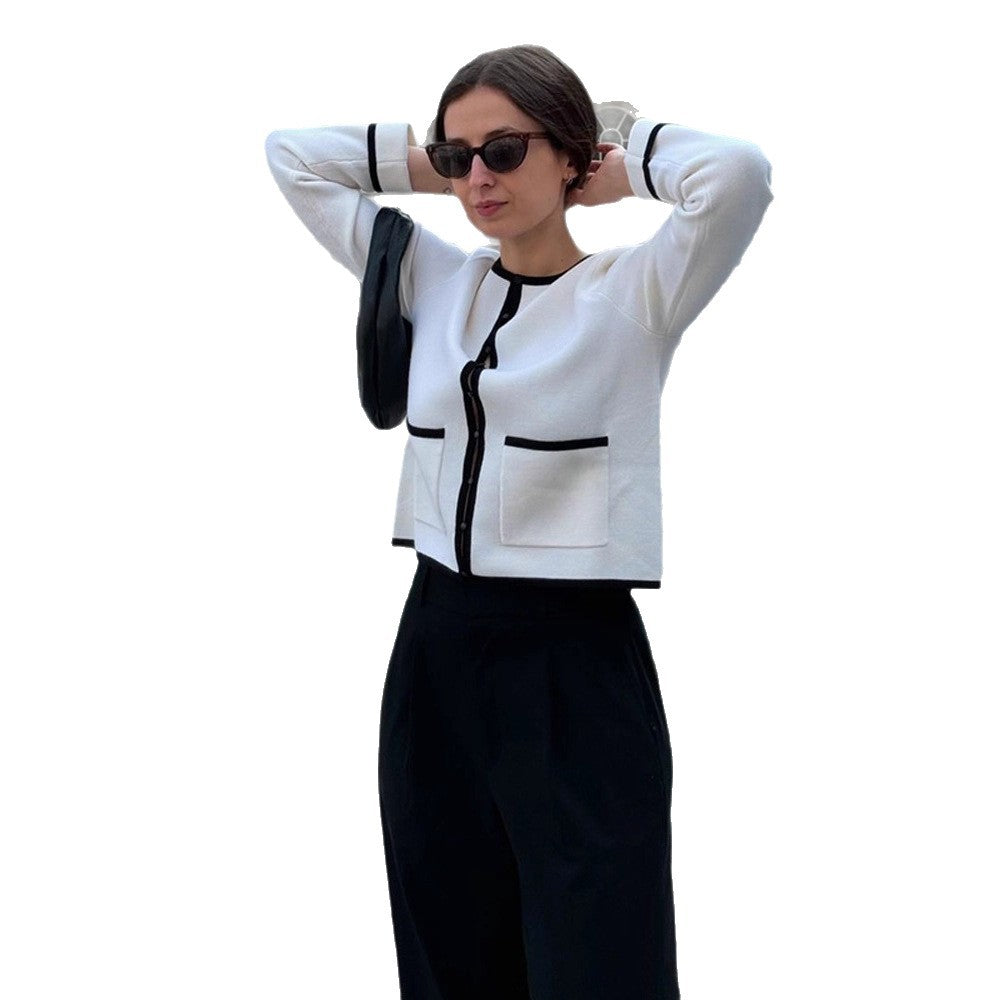 Damen Feiner Kontrast-Knopfleisten‑Cardigan mit Paspelung und aufgesetzten Taschen Nord Taschen