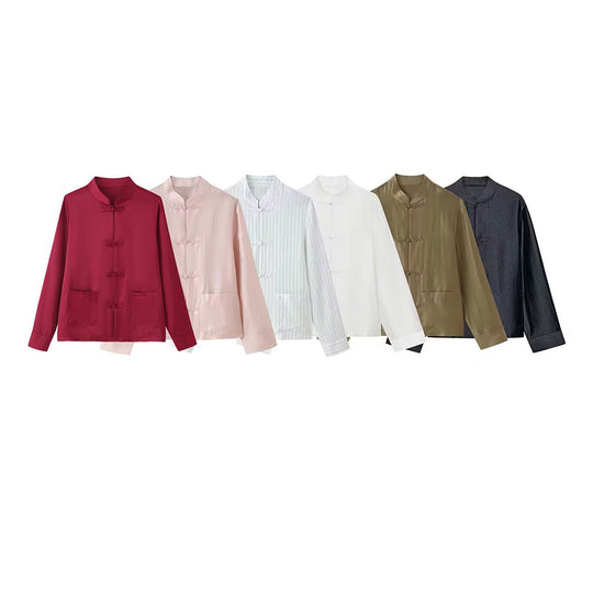 Damen Mandarin-Jacke mit Stehkragen und chinesischen Knotenverschlüssen Nord Taschen