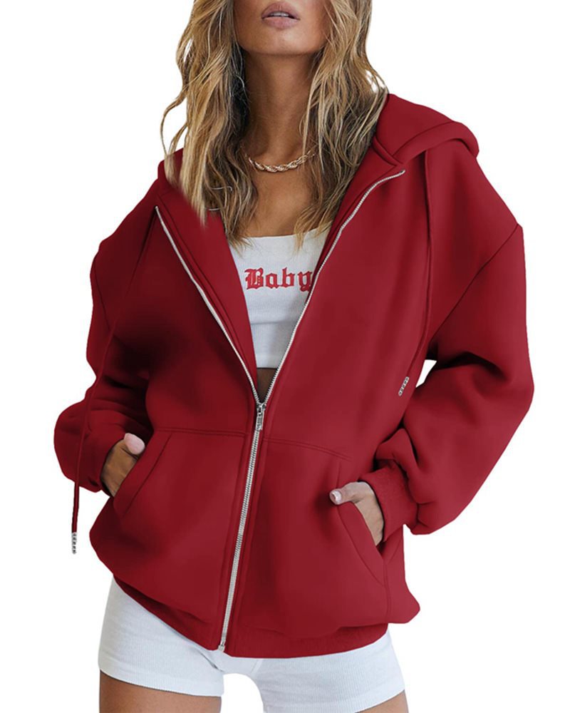Damen Fleece-Zipjacke im Oversize-Stil mit Kapuze, Kängurutaschen und elastischem Saum Nord Taschen