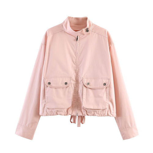 Damen Kurzjacke im Safari‑Stil mit Stehkragen, Kängurutaschen und Kordelzug Nord Taschen