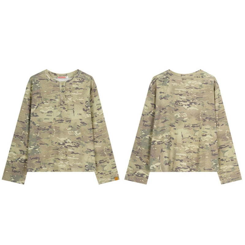 Damen Langarm-Henleyshirt im Waffelstrick mit Militär-Camouflage-Print und Knopfleiste Nord Taschen