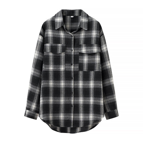 Damen Oversize‑Karo‑Hemdbluse mit aufgesetzten Brusttaschen und abgerundetem Saum Nord Taschen