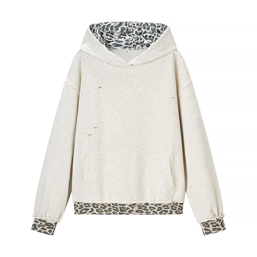 Damen Oversized Kapuzenpullover mit Leoprint-Futter und Destroy-Details Nord Taschen
