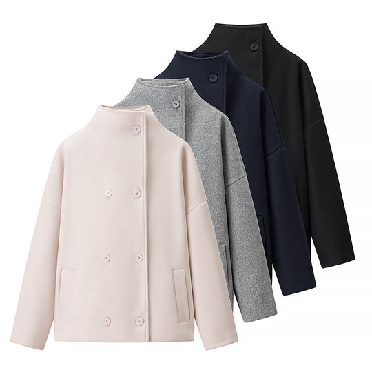 Damen Kurze doppeltgeknöpfte Oversize-Boxy-Jacke mit Stehkragen und Eingrifftaschen Nord Taschen
