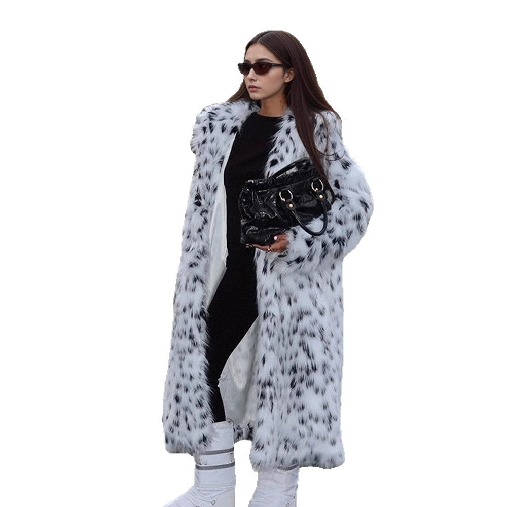 Damen luxuriöser langer Plüsch-Kunstpelzmantel mit opulentem Fellkragen und gesprenkeltem Design Nord Taschen