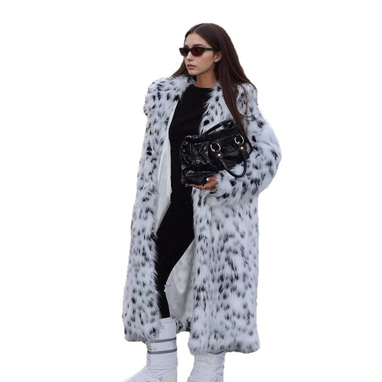 Damen luxuriöser langer Plüsch-Kunstpelzmantel mit opulentem Fellkragen und gesprenkeltem Design Nord Taschen