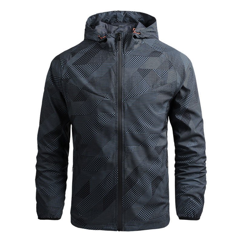 Herren atmungsaktive Softshell-Kapuzenjacke mit geometrischem Allover-Print und sportlicher Passform Nord Taschen