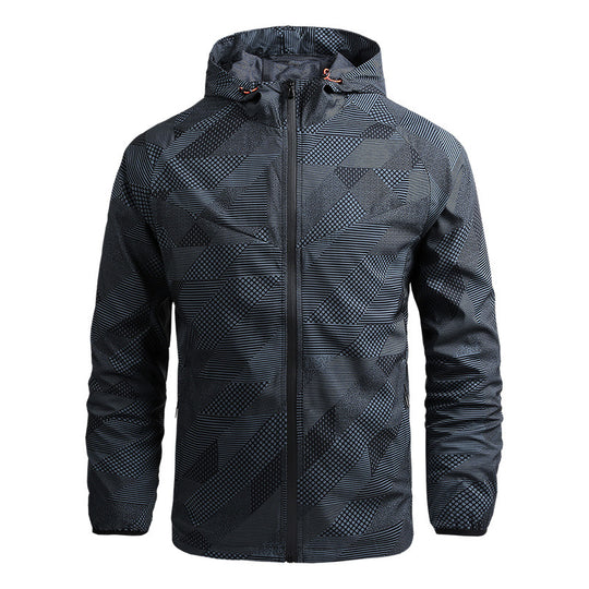 Herren atmungsaktive Softshell-Kapuzenjacke mit geometrischem Allover-Print und sportlicher Passform Nord Taschen