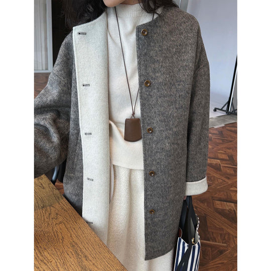Damen Oversized Wollmix-Mantel mit Knopfleiste und umschlagbaren Teddy-Bündchen Nord Taschen