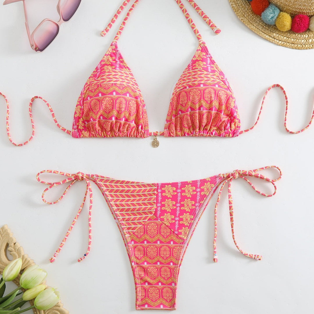 Damen Triangel-Bikini mit liNord Taschenevollem Blumenmuster und verstellbaren Trägern