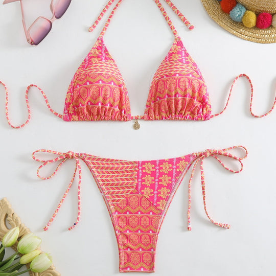 Damen Triangel-Bikini mit liNord Taschenevollem Blumenmuster und verstellbaren Trägern