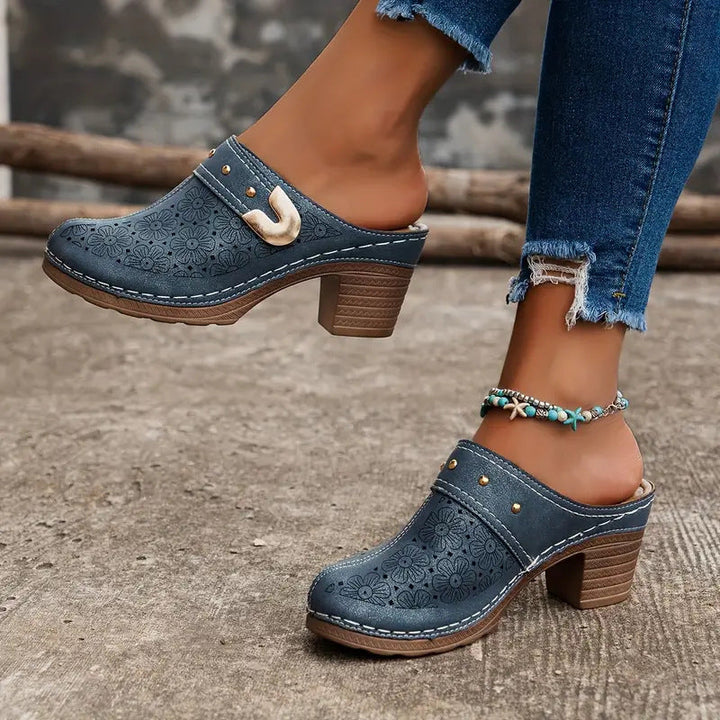 Damen elegante Clogs mit modischem Blumendesign und geschmackvoller Schnalle
