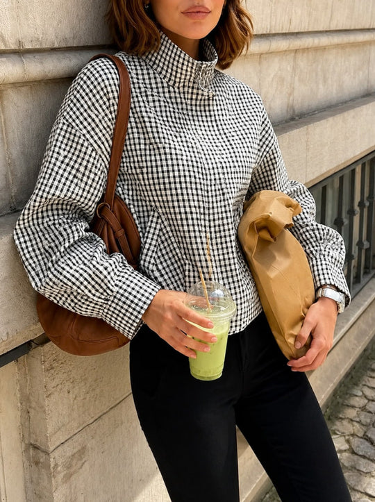 Damen Oversize Karierte Blousonjacke mit Stehkragen Nord Taschen