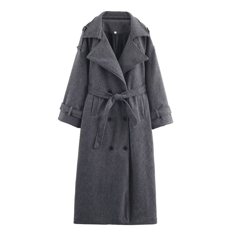 Damen langer doppeltreihiger Wollmix-Trenchcoat mit Gürtel und breitem Revers Nord Taschen