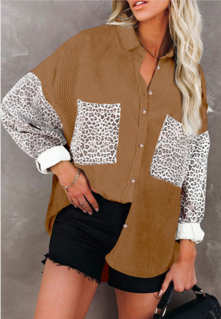 Damen Oversize-Hemdbluse mit Strukturstoff und Leo-Print Einsätzen Nord Taschen