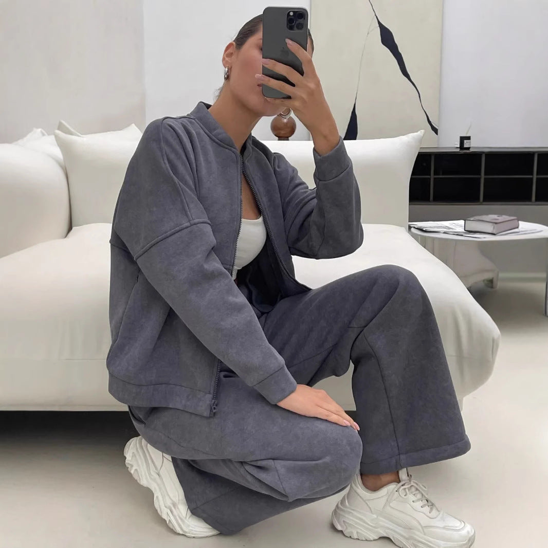 Damen lässiges Zip-Lounge-Set mit Stehkragen und weitem Highwaist-Joggpant Nord Taschen