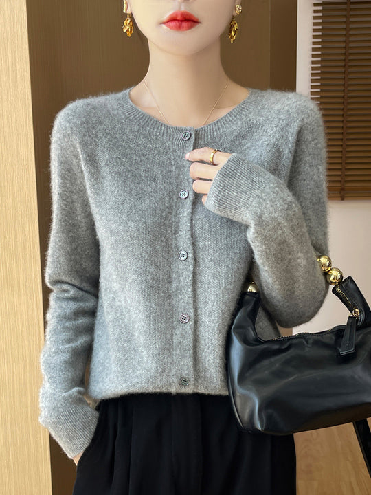 Damen Kuscheliger Kurzcardigan aus Mohair‑Mix mit feiner Schurwollstruktur und Perlmuttknopfleiste Nord Taschen