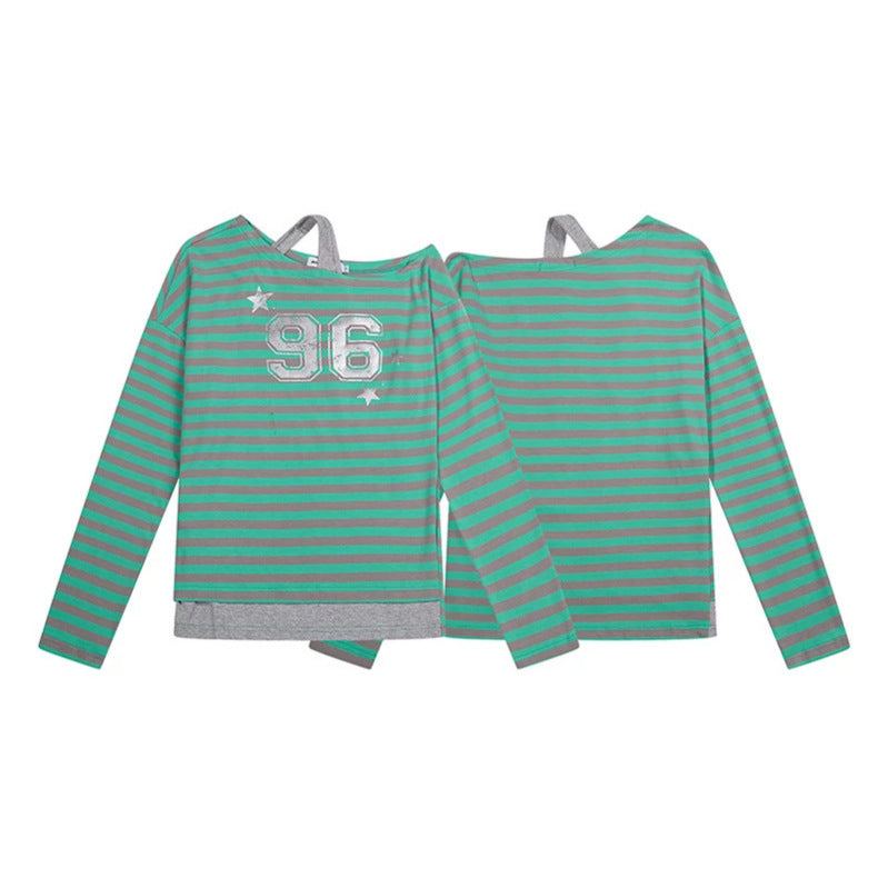 Damen Gestreiftes Langarmshirt mit asymmetrischem Ausschnitt, Lagenoptik und Metallic-Print Nord Taschen