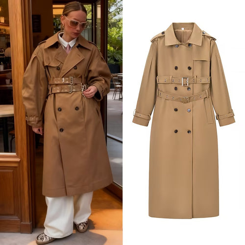 Damen Langer taillierter Trenchcoat mit doppeltem Taillengürtel und Epauletten Nord Taschen