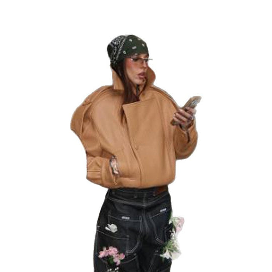 Damen Cropped Oversize-Jacke aus strukturiertem Kunstleder mit hohem Stehkragen Nord Taschen