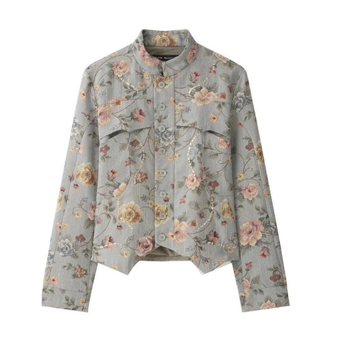 Damen Kurze Jacquard‑Blousonjacke mit Stehkragen, floraler Jacquard‑Stickerei und Pattentaschen Nord Taschen