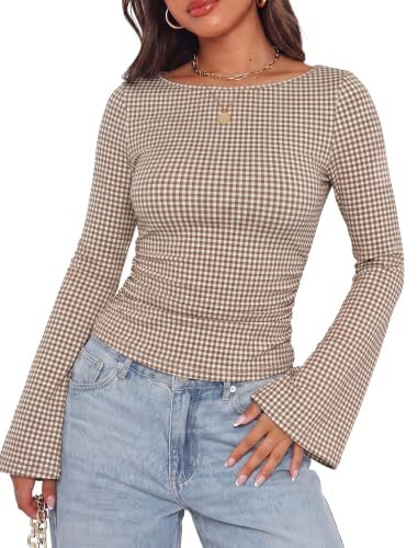 Damen Geripptes Langarmshirt mit Raffung, Trompetenärmeln und Kontrastbesatz Nord Taschen