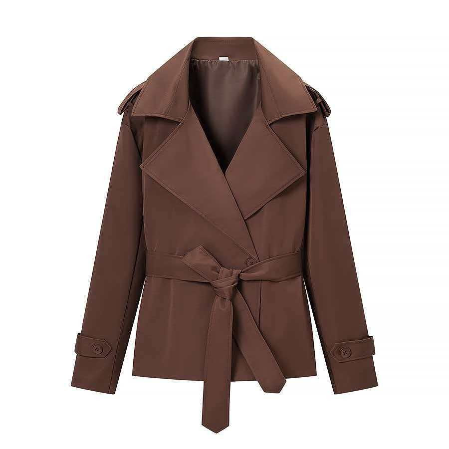 Damen Taillierter kurzer Trenchcoat mit Bindegürtel und Epauletten Nord Taschen