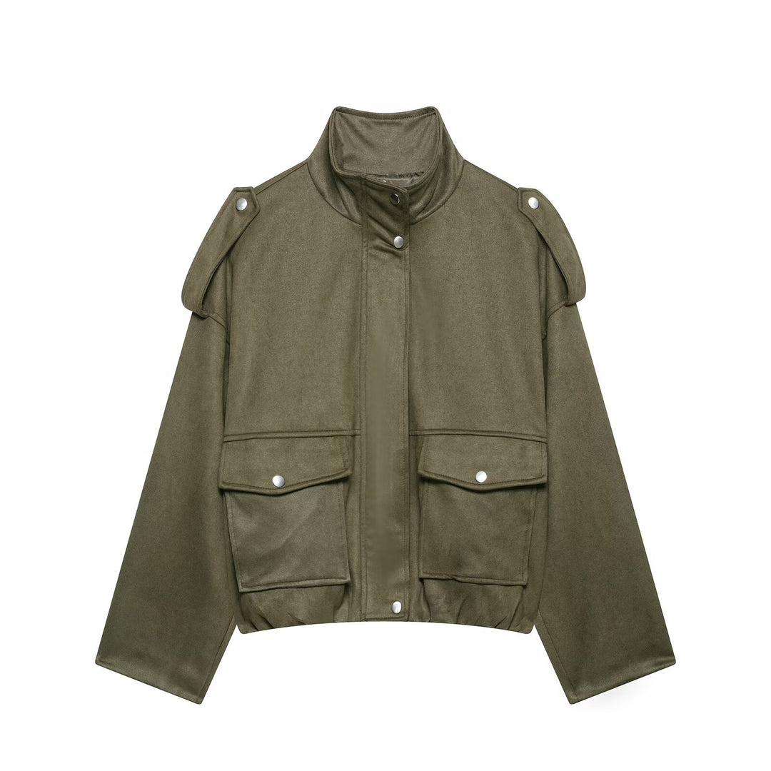 Damen Cropped Field-Jacke in Wildlederoptik mit Stehkragen, Schulterklappen und großen Pattentaschen Nord Taschen