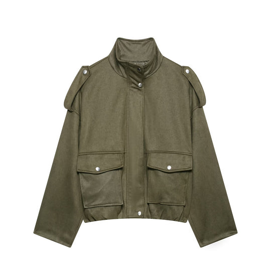 Damen Cropped Field-Jacke in Wildlederoptik mit Stehkragen, Schulterklappen und großen Pattentaschen Nord Taschen
