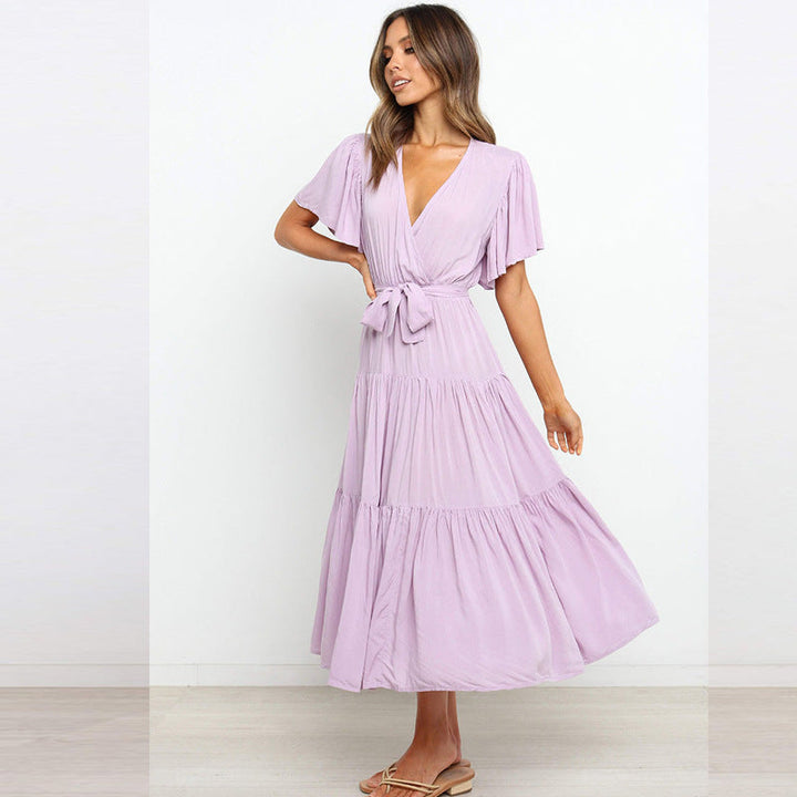 Damen Maxikleid mit tiefem V-Ausschnitt und schwingenden Ärmeln