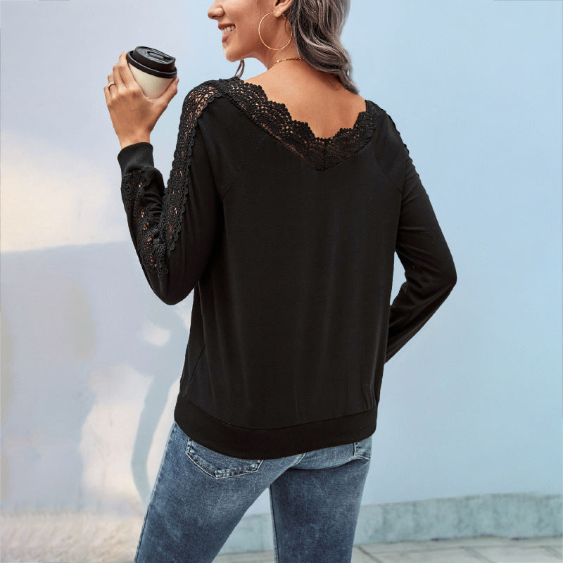 Damen Feinstrick-Longsleeve mit Spitzen-V-Ausschnitt und Spitzenbesatz an den Ärmeln Nord Taschen